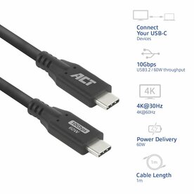 ACT | USB 3.0 Kabel | 10Gbps | 60W | USB-C naar USB-C | 1m | Zwart
