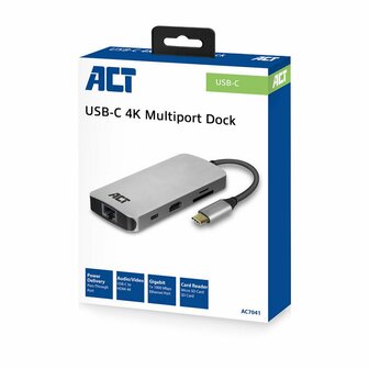 ACT AC7041 USB-C naar HDMI multiport adapter met ethernet, USB hub, cardreader en PD pass through