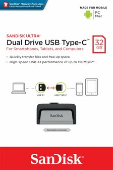 SanDisk Ultra Dual Drive USB Type-C USB flash drive 32 GB USB Type-A / USB Type-C 3.2 Gen 1 (3.1 Gen 1) Zwart, Zilver