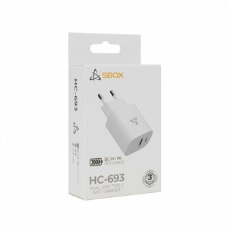 SBOX Oplader HC-693 SB | 15W | USB-A &amp; USB-C (2 Poorten) | Wit