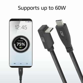 ACT AC7470 | USB 3.2 Gen 2 Kabel | USB-C (recht) naar USB-C (haaks boven/beneden) | 60W | 10Gbps | 0,5m | Zwart