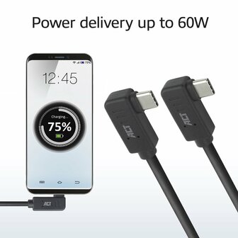 ACT AC7486 | USB 3.2 Gen 2 Kabel | USB-C (haaks links/rechts) naar USB-C (haaks links/rechts) | 60W | 10Gbps | 0,5m | Zwart