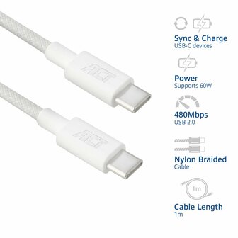 ACT AC3080 | USB 2.0 Kabel | USB-C naar USB-C | 60W | 480Mbps | Wit | 1 Meter