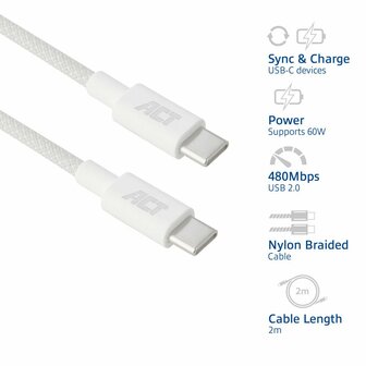 ACT AC3081 | USB 2.0 Kabel | USB-C naar USB-C | 60W | 480Mbps | Wit | 2 Meter