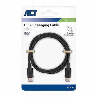 ACT AC3082 | USB 2.0 Kabel | USB-C naar USB-C | 60W | 480Mbps | Zwart | 1 Meter