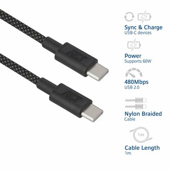 ACT AC3082 | USB 2.0 Kabel | USB-C naar USB-C | 60W | 480Mbps | Zwart | 1 Meter