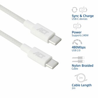 ACT AC3085 | USB 2.0 Kabel | USB-C naar USB-C | 240W | 480Mbps | Wit | 2 Meter