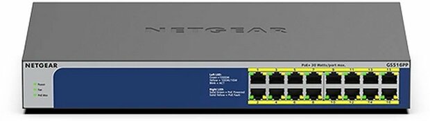 NETGEAR GS516PP Unmanaged Gigabit Ethernet (10/100/1000) Power over Ethernet (PoE) Blauw, Grijs