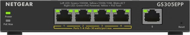 GS305EPP-100PES | 5-poorts Gigabit Smart Managed Plus PoE+ Switch | 120W PoE-vermogen | VLAN/QoS | Webbeheer
