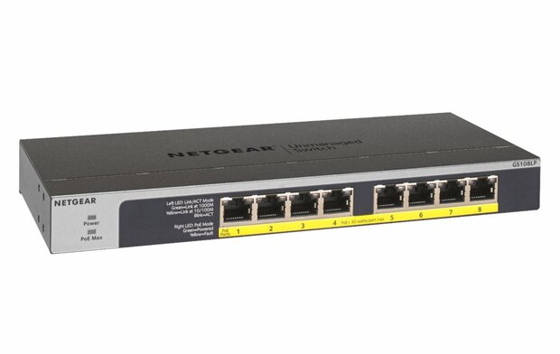 NETGEAR GS108LP | Unmanaged Switch | 8 Poorten | Gigabit Ethernet (10/100/1000 Mbps) | 8x PoE+ (60W) | FlexPoE | Fanless | 1U Rackmount