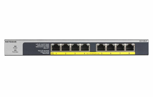 NETGEAR GS108LP | Unmanaged Switch | 8 Poorten | Gigabit Ethernet (10/100/1000 Mbps) | 8x PoE+ (60W) | FlexPoE | Fanless | 1U Rackmount