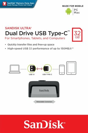 SanDisk Ultra Dual Drive USB Type-C USB flash drive 32 GB USB Type-A / USB Type-C 3.2 Gen 1 (3.1 Gen 1) Zwart, Zilver