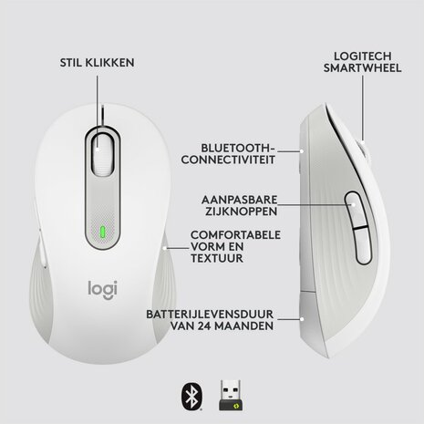 Logitech Signature M650 | Draadloze Muis | Rechtshandig | RF + Bluetooth | 2000 DPI | Wit