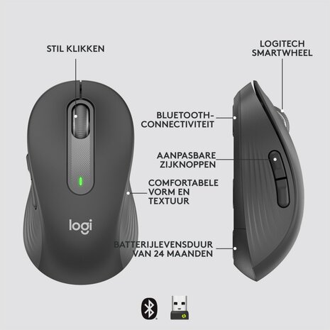 Logitech Signature M650 Draadloze Muis - Voor kleine tot middelgrote handen, 2 jaar batterijduur, stil klikken, aanpasbare zijknoppen, Bluetooth, compatibel met meerdere apparaten - Graphite