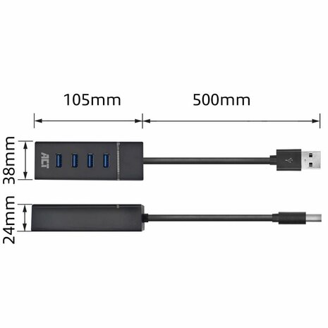 ACT AC6300 interface hub USB 3.2 Gen 1 (3.1 Gen 1) Type-A 5000 Mbit/s Zwart