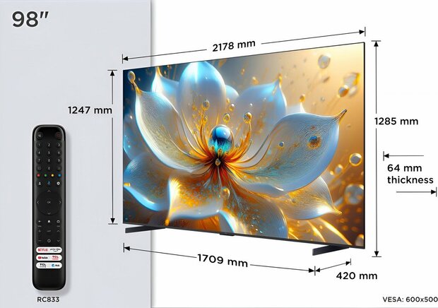 TCL 98T8C 98” | Grote 4K QLED Smart TV | Supersnel 144Hz & Dolby Vision | Google TV + WiFi