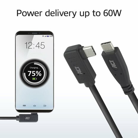 ACT AC7405 | USB 3.0 Kabel | USB-C (recht) naar USB-C (haaks) | 60W | 10Gbps | 0,5m | Zwart