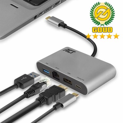 ACT AC7040 | USB-C naar HDMI multiport adapter | Met ethernet | Zilver