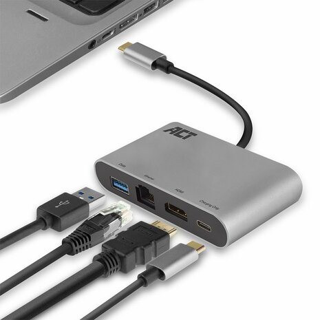 ACT AC7040 | USB-C naar HDMI multiport adapter | Met ethernet | Zilver