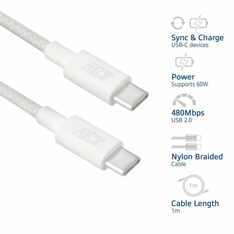 ACT AC3080 | USB 2.0 Kabel | USB-C naar USB-C | 60W | 480Mbps | Wit | 1 Meter