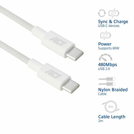 ACT AC3081 | USB 2.0 Kabel | USB-C naar USB-C | 60W | 480Mbps | Wit | 2 Meter
