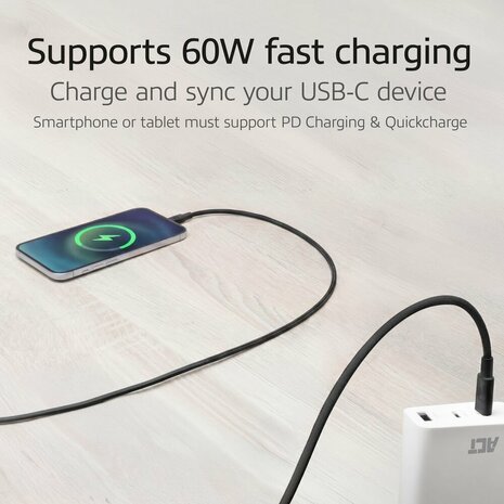 ACT AC3082 | USB 2.0 Kabel | USB-C naar USB-C | 60W | 480Mbps | Zwart | 1 Meter