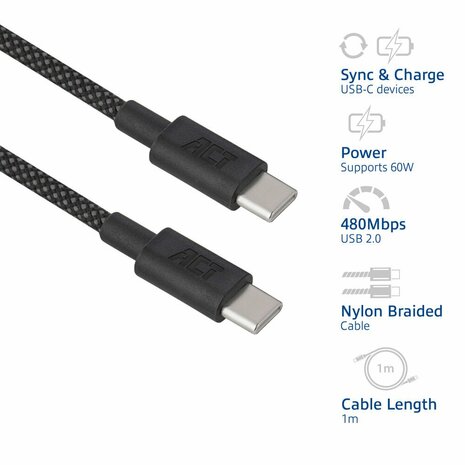 ACT AC3082 | USB 2.0 Kabel | USB-C naar USB-C | 60W | 480Mbps | Zwart | 1 Meter