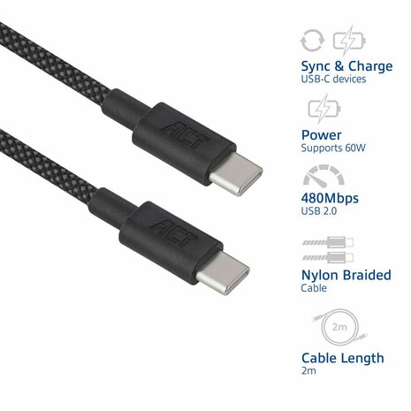 ACT AC3083 | USB 2.0 Kabel | USB-C naar USB-C | 60W | 480Mbps | Zwart | 2 Meter