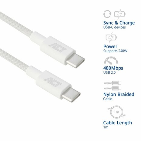 ACT AC3084 | USB 2.0 Kabel | USB-C naar USB-C | 240W | 480Mbps | Wit | 1 Meter