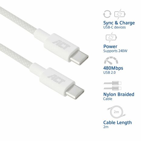 ACT AC3085 | USB 2.0 Kabel | USB-C naar USB-C | 240W | 480Mbps | Wit | 2 Meter