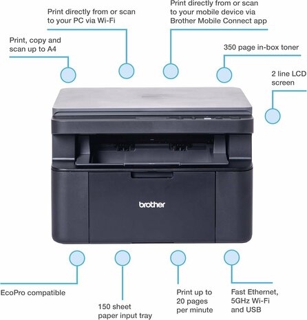 Brother DCP-L1640W | A4 | 600 &times; 600 DPI | Wi-Fi | Zwart-wit Multifunctionele Laserprinter